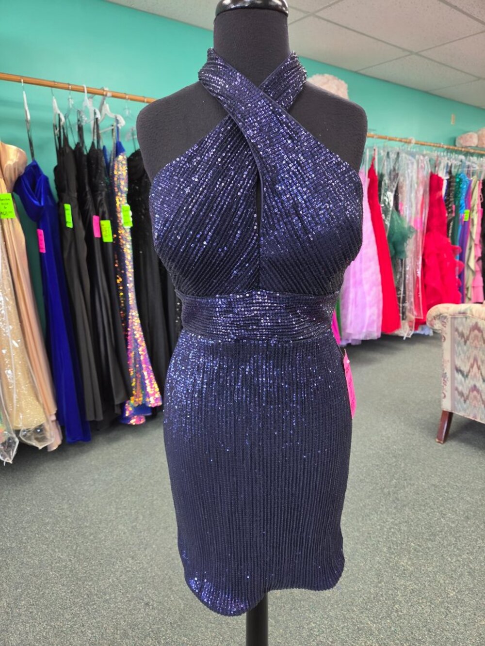 Homecoming Short Dress Private Label Maura Size 8 Navy Blue Sequin Formal - Picture 3 of 7